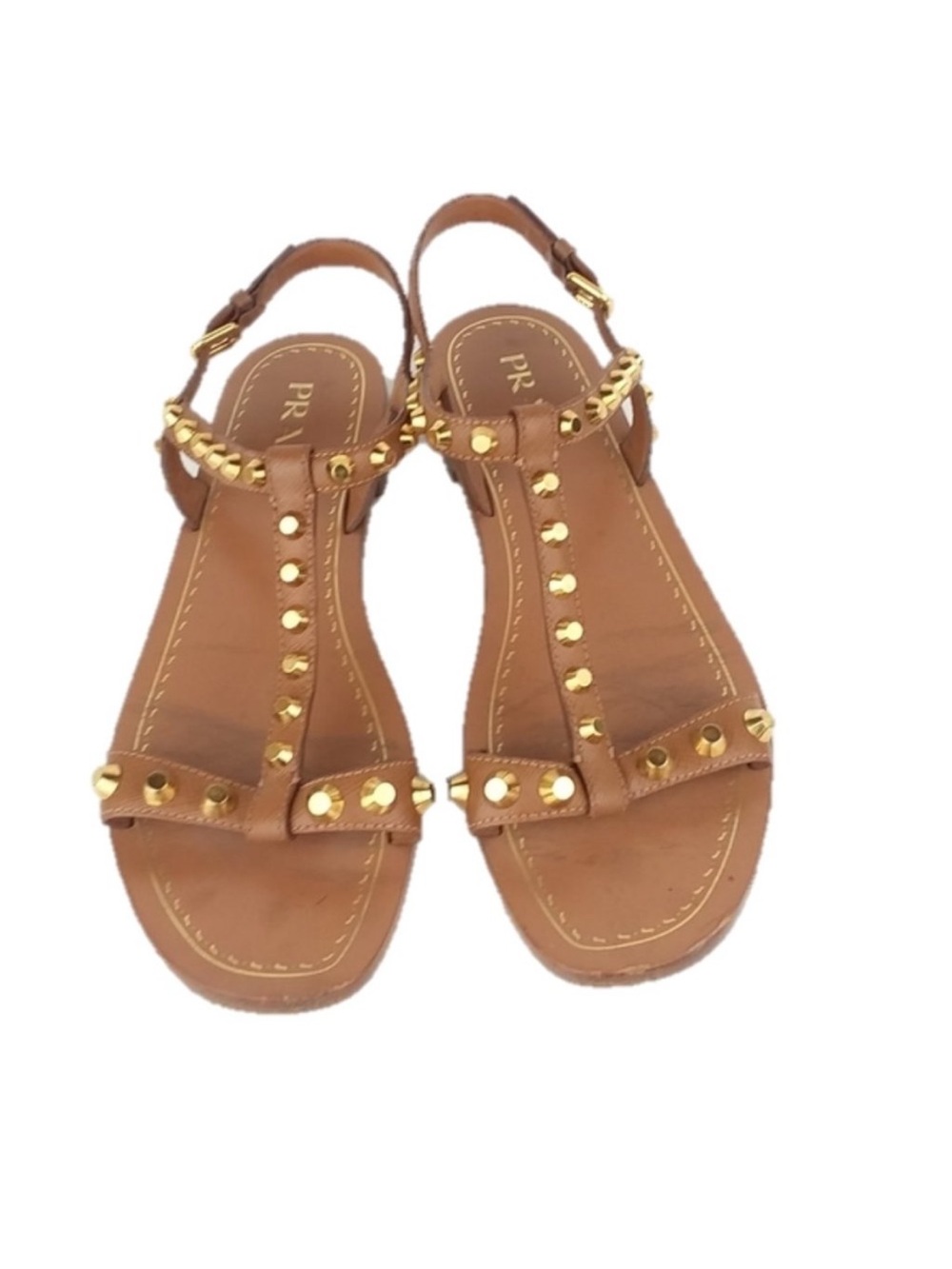 Prada a  Tan Leather T-Strap Sandals with Gold Studs